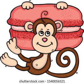 Cute monkey hanging on red macaron
