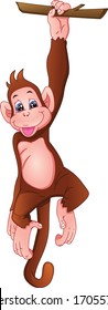 
cute monkey is hanging on a tree on a white background