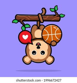 Cute monkey hanging on tree and playing basketball cartoon mascot