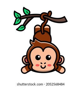 cute monkey hanging on tree icon illustration vector graphic 