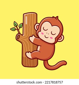 Cute Monkey Hanging On Tree Cartoon Vector Icon Illustration. Animal Nature Icon Concept Isolated Premium Vector. Flat Cartoon Style