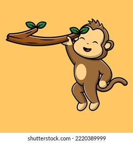 Cute Monkey Hanging On Tree Cartoon Vector Icons Illustration. Flat Cartoon Concept. Suitable for any creative project.