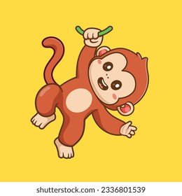 Cute Monkey Hanging On Tree Cartoon Vector Icon Illustration. Animal Nature Icon Concept Isolated Premium Vector. Flat Cartoon Style