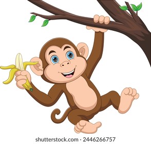 Cute monkey hanging on a tree and holding a banana cartoon