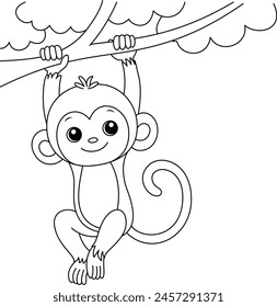 Cute monkey hanging on the tree cartoon character coloring page vector illustration.  