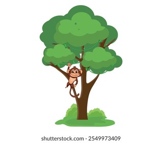 Netter Affe hängt an einem Baum, Vektorgrafik.