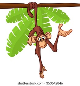 Cute monkey hanging on the tree branch with his tail