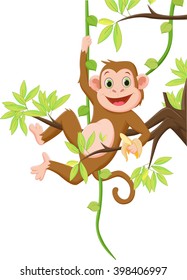 cute monkey hanging on a tree and holding banana