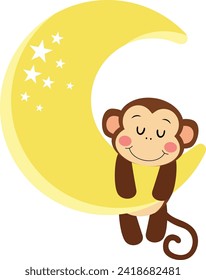 Cute monkey hanging on yellow moon

