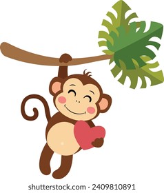 Cute monkey hanging from palm branch holding a heart
