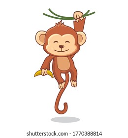 Cute Monkey Hanging Tree Cartoon Illustration