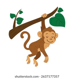 Cute monkey hanging from tropical tree branch with green leaves. Jungle animal character in flat vector style. Isolated on white background. Perfect for kids designs and decor.