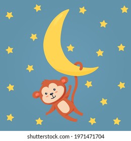 A cute monkey hangs on the moon. Illustration for a postcard, nursery, print and more.