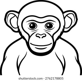 A cute monkey with a happy face and big eyes looks straight ahead with a cheerful expression in this vector graphic illustration.
