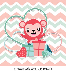 Cute monkey is happy gets love gift boxes vector cartoon illustration for Happy Valentine card design, postcard, and wallpaper
