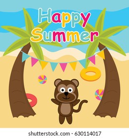 Cute monkey is happy on the beach vector cartoon, Summer postcard, wallpaper, and greeting card, T-shirt design for kids