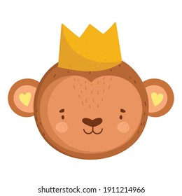 cute monkey head animal with crown cartoon character vector illustration