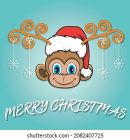 Cute Monkey Head Cartoon Christmas Card. Wearing Hat and Funny Christmas. Vector and Illustration.