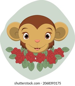 Cute monkey head cartoon with flowers