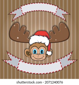 Cute Monkey Head With Christmas Hat. Blank label and banner. Character, Mascot and Icon. vector and Illustration.