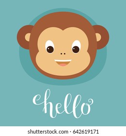 Cute monkey head. Lettering "Hello". Vector illustration