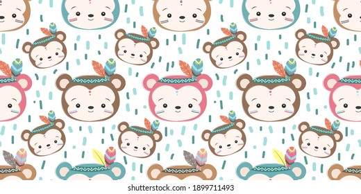 cute monkey head in seamless pattern for decoration, kids wallpaper.