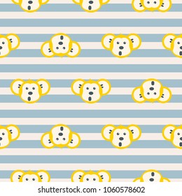 Cute monkey head seamless striped vector pattern.