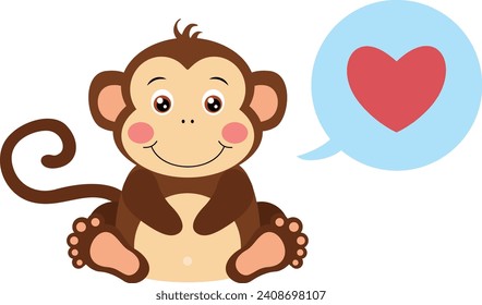 Cute monkey with heart on speech bubble