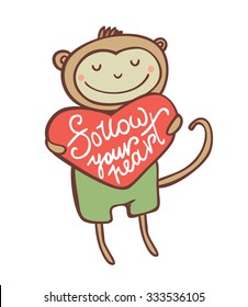 Cute monkey with heart. Romantic poster with quote