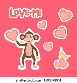 Cute monkey with hearts for Valentine's Day in cartoon style. Lettering Love. Stickers.