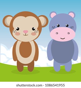 cute monkey and hippo in the field landscape characters