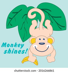 cute monkey with his banana, leaves and text on blue background