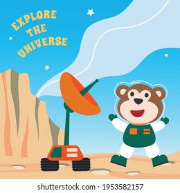 Cute monkey and his Rover exploring the red planet. Mission to search for traces of life. Creative vector childish background for fabric, textile, nursery wallpaper, poster. and other decoration.