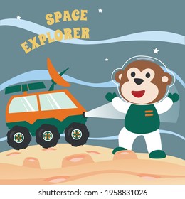 Cute monkey and his Rover  exploring the red planet. Mission to search for traces of life. Creative vector childish background for fabric, textile, nursery wallpaper, poster. and other decoration.