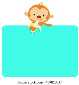 Cute Monkey hold banana and blank board vector illustration