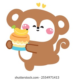 Cute monkey hold banana cake.Heart.Bakery.Sweet and dessert.Birthday cake.Wild animal character cartoon design.Image for card,sticker,baby clothing.Kawaii.Vector.Illustration. 