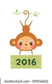cute monkey holding 2016 wooden board greeting vector illustration