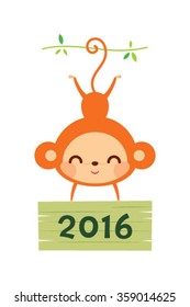 cute monkey holding 2016 wooden board greeting vector illustration