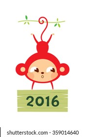 cute monkey holding 2016 wooden board greeting vector illustration