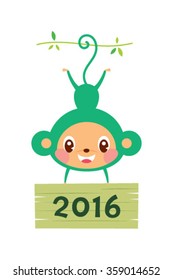 cute monkey holding 2016 wooden board greeting vector illustration