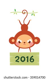 cute monkey holding 2016 wooden board greeting vector illustration
