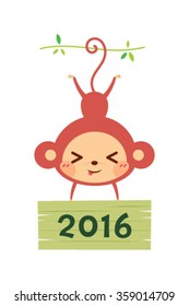 cute monkey holding 2016 wooden board greeting vector illustration