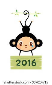 cute monkey holding 2016 wooden board greeting vector illustration