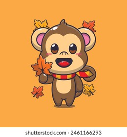 Cute monkey holding autumn leaf. Mascot cartoon vector illustration suitable for poster, brochure, web, mascot, sticker, logo and icon.