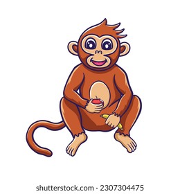 Cute Monkey Holding Banana and apple. Little Monkey eating apple Vector Illustration. Animal Icon Concept Isolated  Vector. Cartoon Style