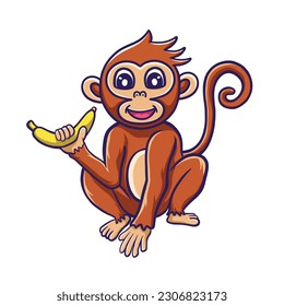 Cute Monkey Holding Banana. Cute Baby Monkey eating banana Vector Illustration. Animal Icon Concept Isolated  Vector. Cartoon Style