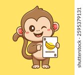 Cute Monkey Holding Banana Card Game Cartoon Vector Icon Illustration. Animal Education Icon Concept Isolated Premium Vector. Flat Cartoon Style