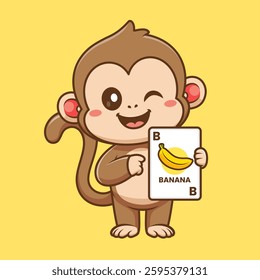 Cute Monkey Holding Banana Card Game Cartoon Vector Icon Illustration. Animal Education Icon Concept Isolated Premium Vector. Flat Cartoon Style