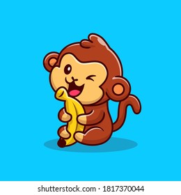 Cute Monkey Holding Banana Cartoon Vector Icon Illustration. Animal Food Icon Concept Isolated Premium Vector. Flat Cartoon Style