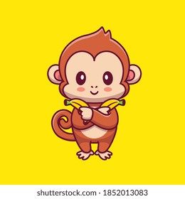 Cute Monkey Holding Banana Cartoon Vector Icon Illustration. Animal Food Icon Concept Isolated Premium Vector. Flat Cartoon Style